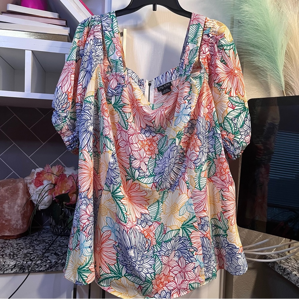 City Chic XL 22 Cold Shoulder Colorful Floral Blouse